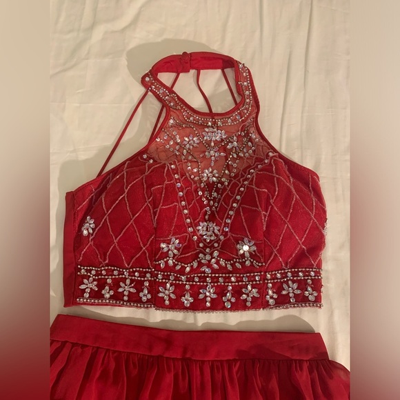 Two-piece red dress - bedazzled, halter, flowy bottom - Picture 9 of 11